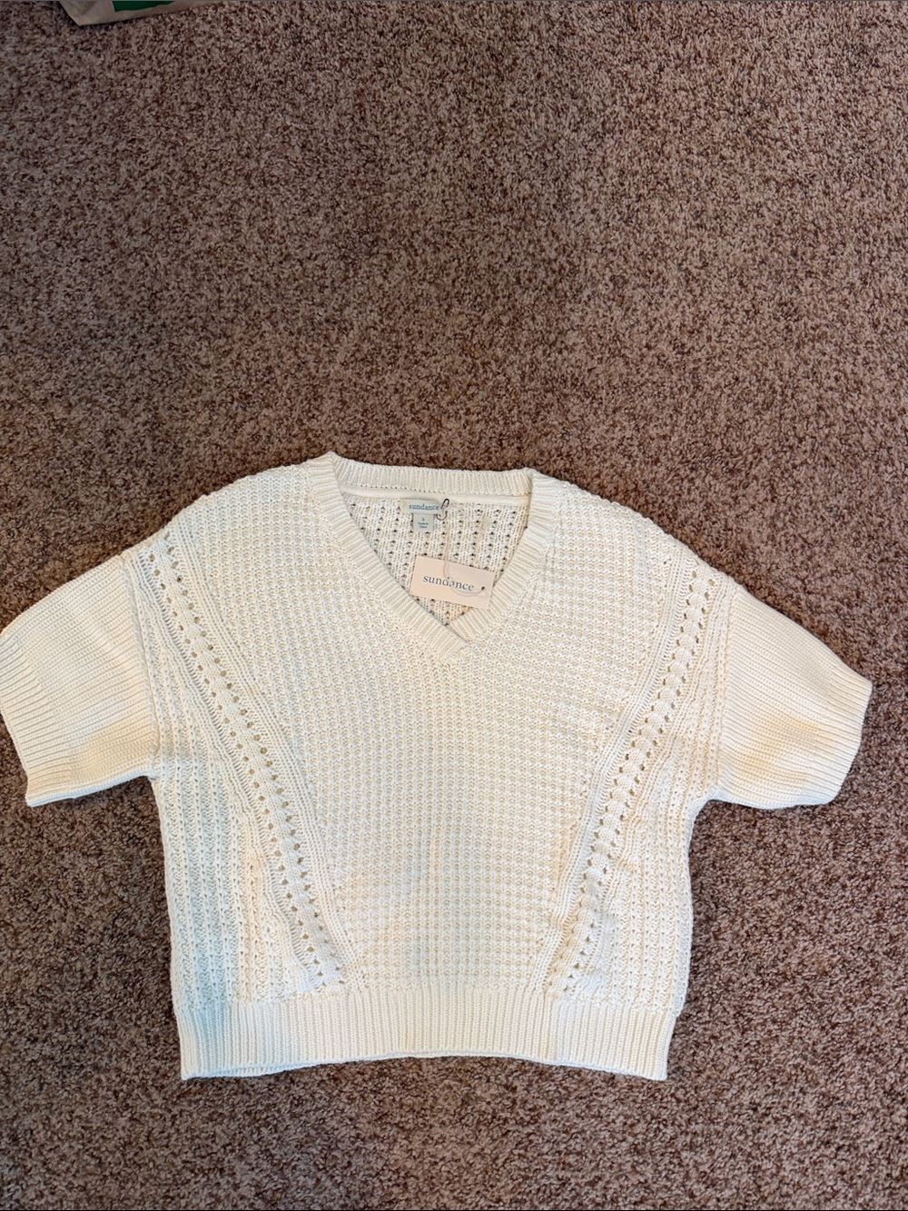 Sundance Cream V-Neck Short Sleeve Knit Sweater